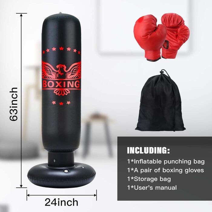 Надувний боксерський мішок для дітей 63 дюйми з рукавичками, боксерський мішок на стійці для карате, таekwondo, MMA (з рукавичками)