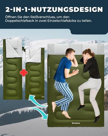 Сплячий мішок KingCamp для двох осіб, зимовий, для кемпінгу, оливковий