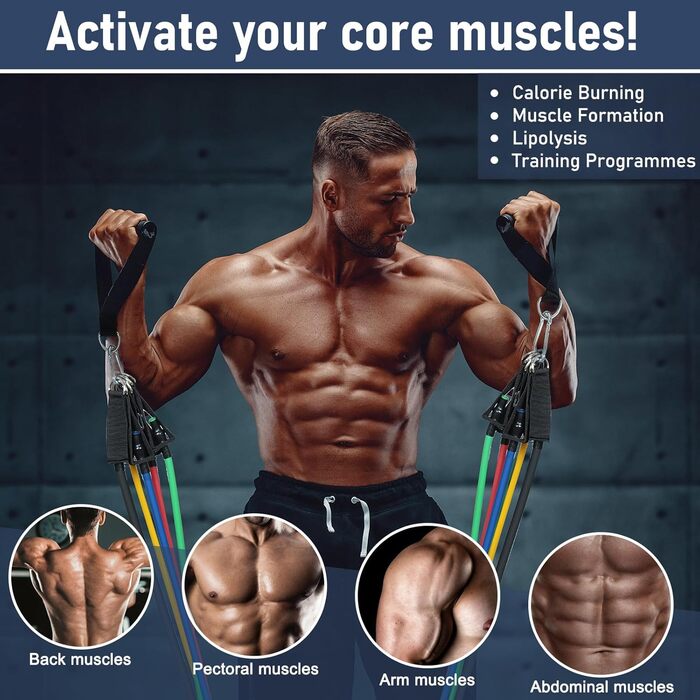 Набір фітнес-гумок 5 шт. з різними рівнями опору, з дверними фіксаторами, ручками та кігтями для щиколоток. Підходить для чоловіків та жінок, 8 кольорів. Для м'язового розвитку та пілатесу.