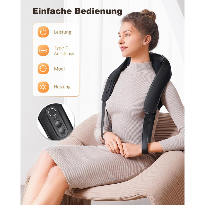 Масажер для шиї KNQZE® Shiatsu 4D з підігрівом, бездротовий, для шиї, плечей та спини, 2025 року випуску