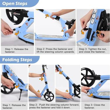 Дитячий складний самокат для дітей 8-15 років з великими колесами 200 мм, дисковими гальмами та регульованою висотою, синій