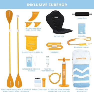 SUP-дошка HUIIKE з аксесуарами: весло, сидіння-каяк, синя, для стоячого веслування, висока стійкість
