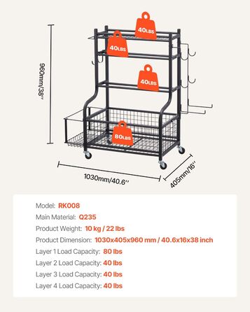 Стенд для зберігання та підтримки йогаматів та гантелей VEVOR - мобільний, з колесами та гачками, для домашніх тренувань