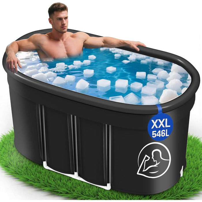 Еліптична ванна для льоду Newfulam XXL (120 см) з кришкою - Комплект, розкладна ванна для дорослих, льодогенератор, ванна для холодової терапії, чорна, 546 л