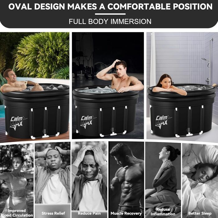 CalmMax XL 478L Овальна Ейсбад з Надувним Підголовником та Кришкою - Складна Ванна для Дорослих, 100 см, Ізольована Ейс-Тоне для Внутрішнього та Зовнішнього Використання, Кріотерапія для Спортсменів IB04