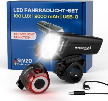 LED велосипедний ліхтар комплект USB, 100 LUX, StVZO, переднє і заднє світло з стоп-сигналом
