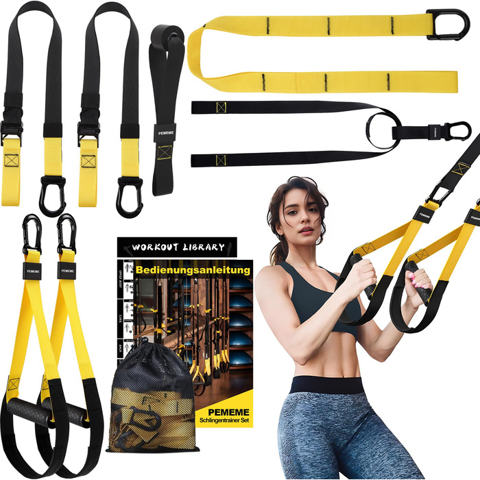 Слінг-тренажер для дому: комплект для тренувань всього тіла з кріпленням до дверей, регульованими ременями, ручками та сумкою – фітнес-обладнання для дому, жовтий