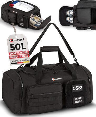 Спортивна сумка для бойових мистецтв 50L чорна для дзюдо, джиу-джитсу, карате з окремими відділеннями та відділенням для взуття