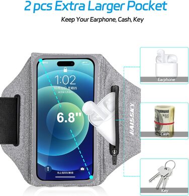 Чохол-тримач для телефону на руку Razobws для бігу з кишенею для навушників, сумісний з iPhone 17 16 15 14 13 12 11 Pro Max, Galaxy S24 S23 Ultra, чорний/сірий (до 6.8 дюймів)