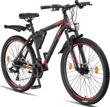 Гірський велосипед Licorne Bike Effect Premium, алюмінієвий, 21 швидкість, дискові гальма, для хлопців та дівчат, 26 дюймів, чорний/помаранчевий