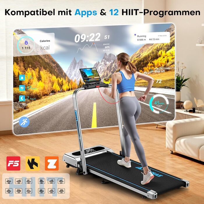 Біговий доріжка для дому 5-в-1, складаний, з підйомом до 9%, потужність 2.75HP, 12 HIIT програм, дистанційне керування та додаток, до 160 кг, срібно-блакитний