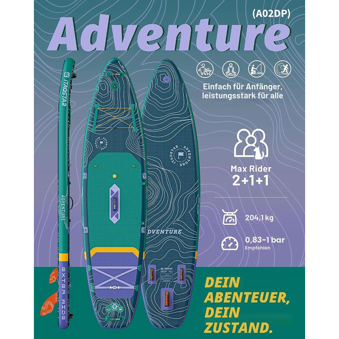 SUP-дошка iTAOSTAR Adventure 365x88/99 см, надувна, з сидінням, темно-зелена – для підлітків та дорослих