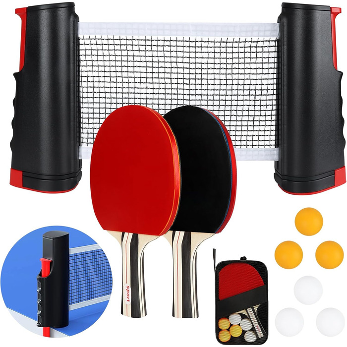 Набір для настільного тенісу KIMIGO: 2 ракетки, 6 м'ячів, сітка та сумка. Підходить для початківців та досвідчених гравців, для гри в приміщенні та на вулиці.