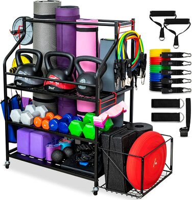 Стеляжка для домашнього спортзалу з органайзером для килимків, аксесуарів та набором еластичних стрічок 68 кг