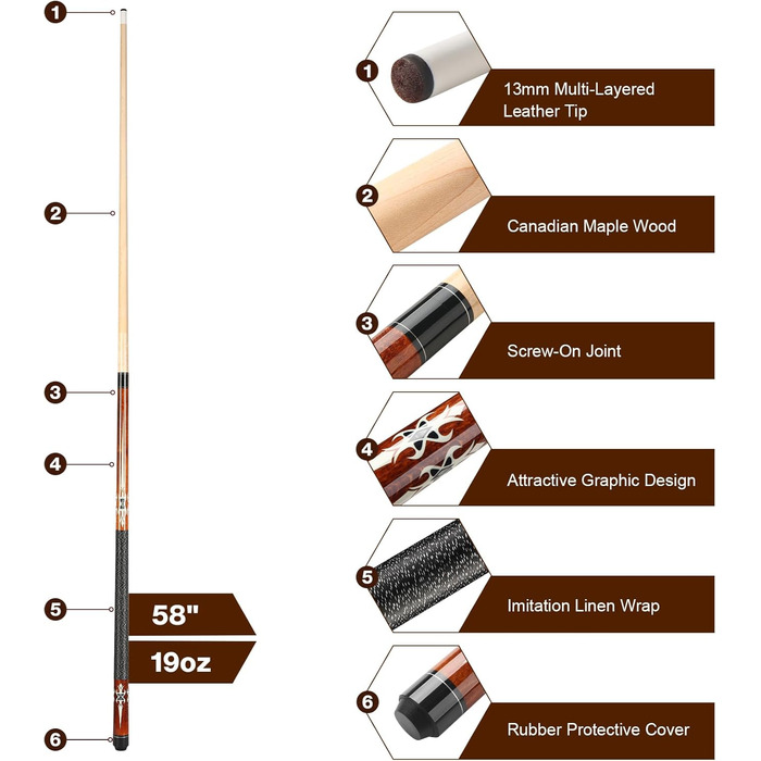 Більярдний кий Pool Cue 58 дюймів з канадського клена, 13 мм наконечники, для професійних гравців, 1/2 Maple, білий