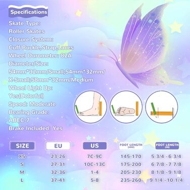 Дитячі ролики Nattork для дівчаток та хлопчиків, регульовані, з підсвічуванням, мотив: метелик та квітка, розміри 4-7, для занять спортом в приміщенні та на вулиці, фіолетовий колір