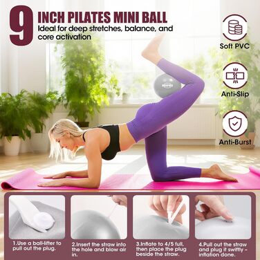 Pilates Essentials Kit ROSAPOAR для жінок: кільце для пілатесу 35 см, м'яч для йоги та еспандери – набір для домашніх тренувань, тонування та скульпторування корпусу