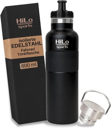 Термобутилка HiLo Sports 600 мл з нержавіючої сталі для велосипеда, ізольована, порошкове покриття, з двома кришками, чорна, підходить для пластикового флягодержателя
