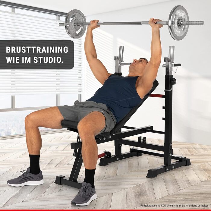 Тренувальна лава Hammer Force 4.0 з раком, складана, з нахилом та плоскою поверхнею, вантажопідйомність 180 кг, ручки для віджимань, стійка для штанги, регульована, для дому, жим лежачи