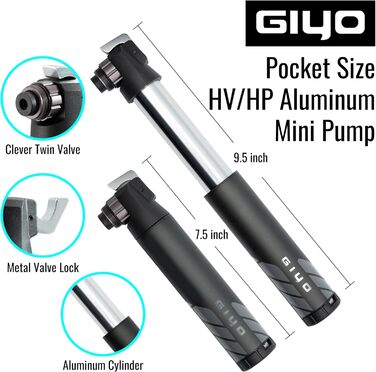 Міні велосипедний насос GIYO GM-45CT, двоступеневий, високий тиск і об’єм 80cc, алюмінієвий, для MTB, клапан Presta/Schrader/Dunlop, кишеньковий, 15,2 см, 30/100 Psi, вага 96,5г