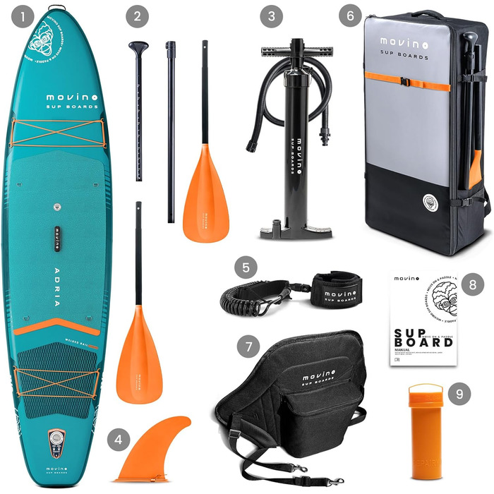 Надувний SUP дошка Movino Stand Up Paddle Board 350 см - 2в1 SUP/Каяк - до 165 кг, комплект з аксесуарами, Welded Rail, 15 PSI (Блакитний-Помаранчевий)