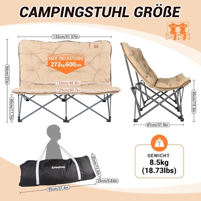 Розкладний крісло для кемпінгу KingCamp XXL з підлокітниками та сумкою. Розміщення на 2 особи. Підходить для відпочинку на природі, у саду, на балконі та на пляжі. Хакі.