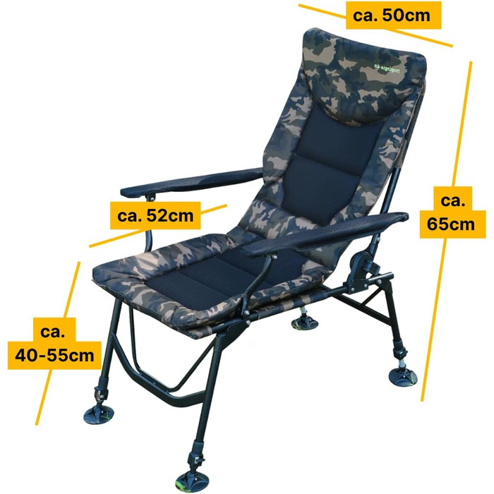 Крісло для риболовлі Angelstuhl XL, 150 кг, з підлокітниками, складне, регульована висота сидіння, широке сидіння, для кемпінгу