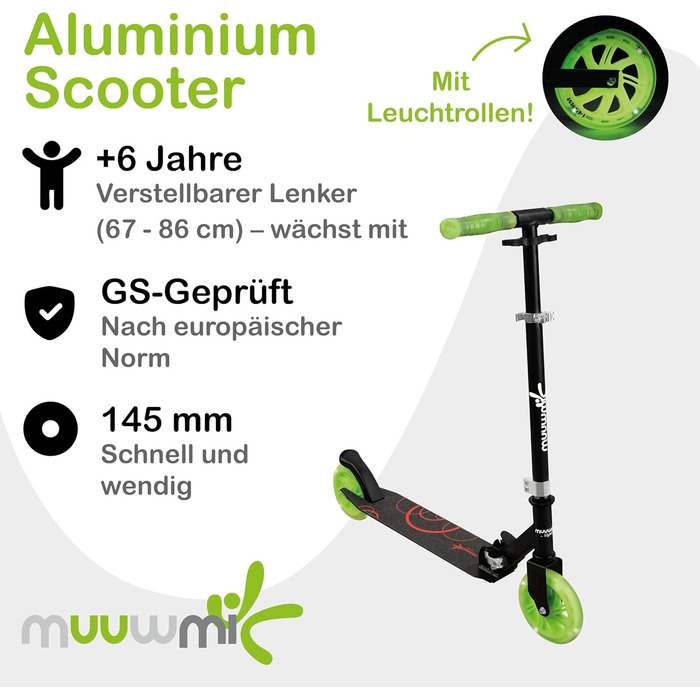 Самокат дитячий Muuwmi Lights алюмінієвий, з підсвіткою коліс, регульованим кермом, до 100 кг, зелено-чорний 145 мм, сертифікат GS