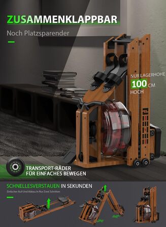 Гребний тренажер Neezee для дому, складаний, з масивного дерева, Bluetooth, підтримка планшета, до 200 кг, сумісний з Kinomap, коричневий