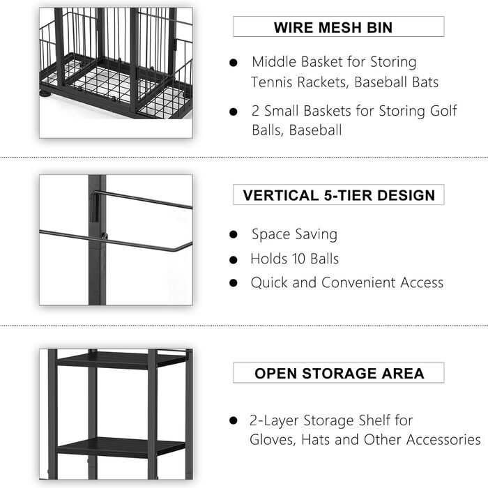 Стійка для зберігання баскетбольних м'ячів CADUKE, органайзер для спортивного інвентарю (футбол, волейбол, бадмінтон), чорний