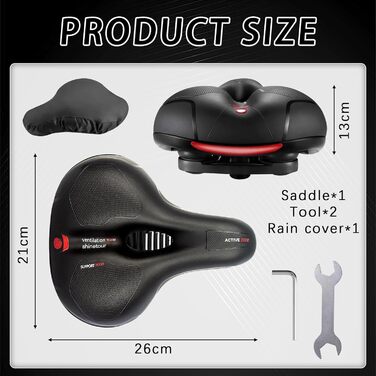 Зручний велосипедний сідло, гелевий, широкий, м'який, дихаючий, амортизуючий, ергономічний велосипедний сідло з водонепроникною кришкою та інструментами для встановлення, 26 * 21.5 см (Червоний)