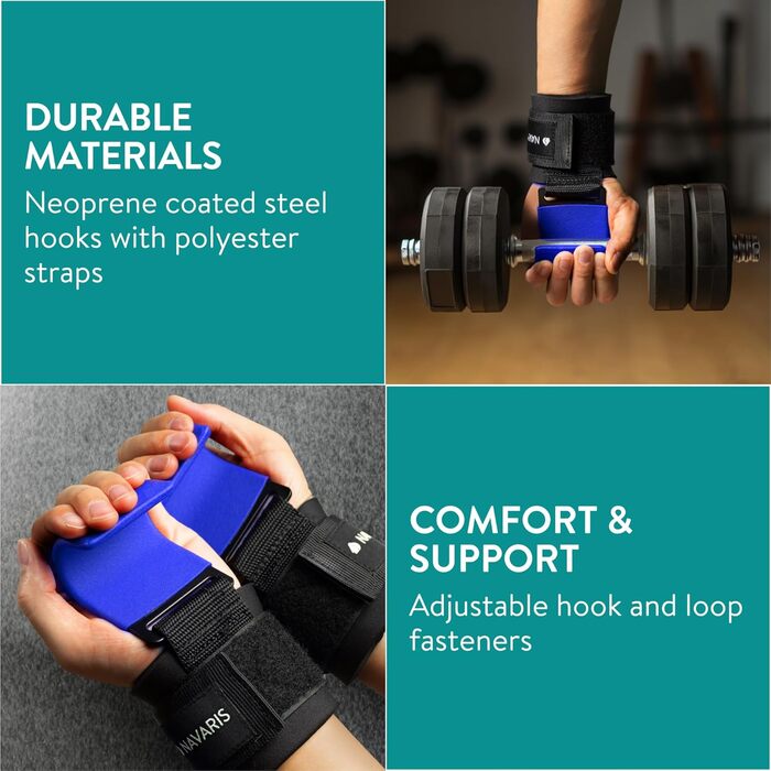 Набори для тренувань Navaris з гачками для силових тренувань - Фітнес, бодібілдинг, захист суглобів. Професійні ремені для важкої атлетики з металевими гачками (Блакитний)