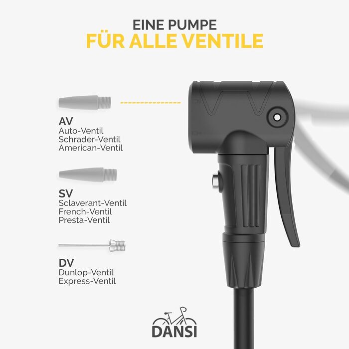 Насос для велосипеда DANSI Stand-Fahrradpumpe з адаптерами AV, SV, DV та великим манометром. Підходить для мотоцикла, електровелосипеда, авто та спортивного інвентарю (з клапаном для спуску тиску).