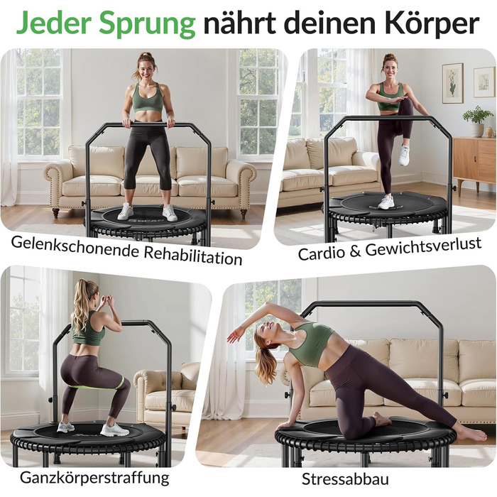 Міні-батут BCAN для дорослих, 102/122 см, до 204/250 кг, з еластичними тросами, регульованою ручкою, стабільний, тихий, для дому та вулиці, тренування всього тіла, розслаблення вдома - Зелений (102 см)