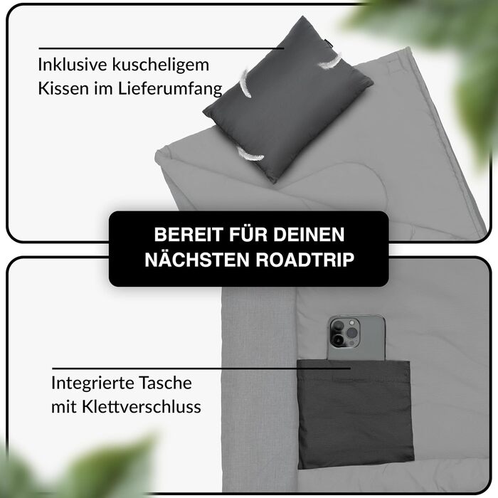 Спальний мішок туристичний 100% бавовна до -3°C з подушкою - Outdoor зимовий та літній спальний мішок [280GSM] для 3-4 сезонів (75x190см) - для жінок та чоловіків (теплий) Сірий