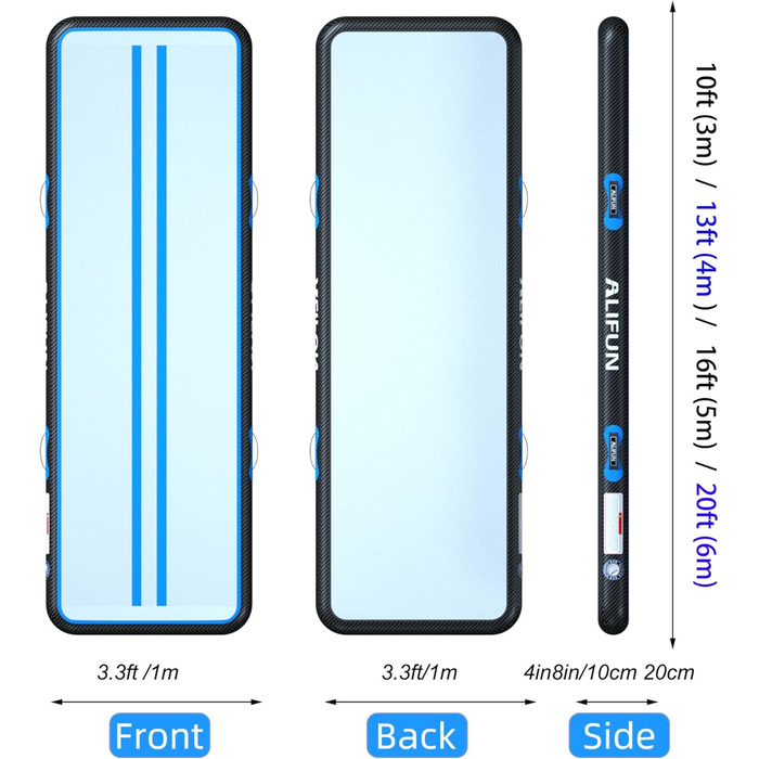 ALIFUN Килимок для гімнастики надувний, 2м/3м/4м/6м, 10/20см, з насосом, для дому, фітнесу, тренувань, черлідингу, басейну (чорний/синій, 200х100х10см)