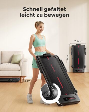 Складана бігова доріжка для дому з нахилом 7%, Walking Pad до 12 км/год, з регульованим поручнем та знімним робочим столом, двигун 3.0 к.с., керування через додаток та пульт, червоно-чорна