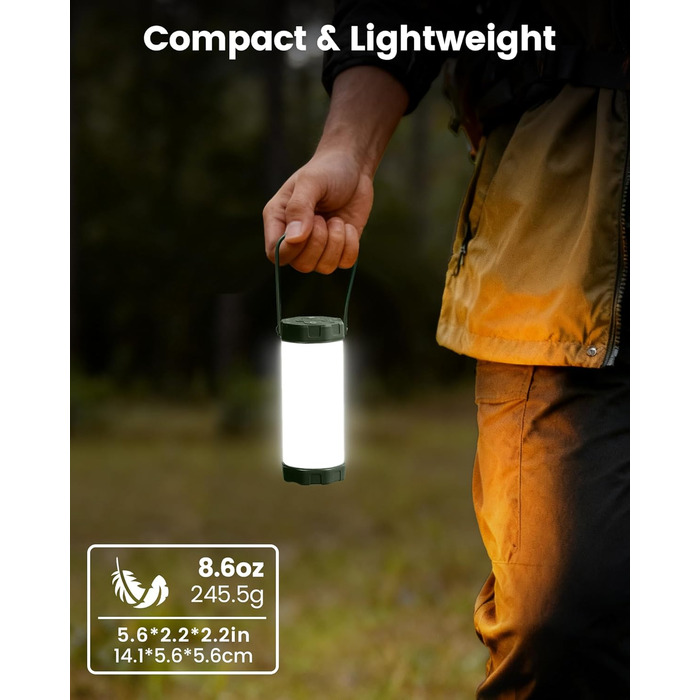 Ліхтар для кемпінгу Glocusent: 1200 люмен, водонепроникний IP68, 80 годин роботи, 5 режимів, SOS, для походів та відпочинку на природі (зелений)