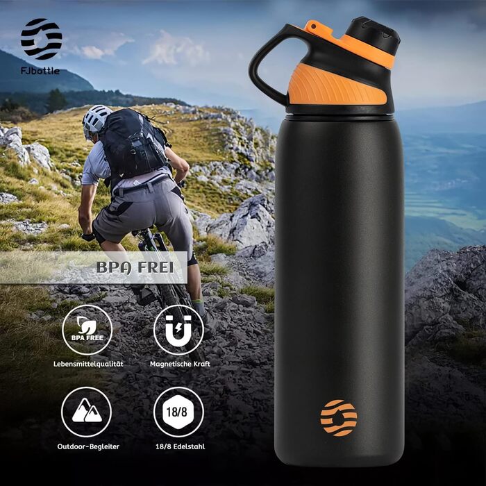 Фляга спортивна Fjbottle Edelstahl 1 л з магнітною кришкою, BPA-free, чорна - пляшка для води, школи, фітнесу