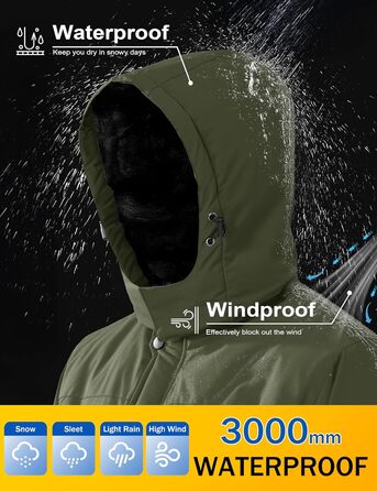 Куртка для сноубордингу та лижного спорту MAGCOMSEN чоловіча, водонепроникна, тепла, з флісовою підкладкою, вітрозахисна, для активного відпочинку та походів, знімний капюшон (M, хакі)