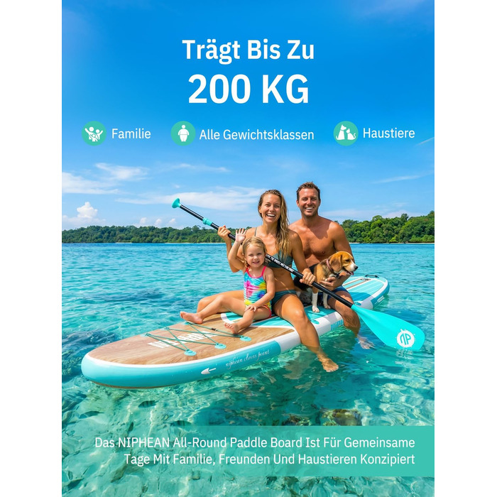 Надувне SUP-борд Niphean Stand Up Paddle Board з сидінням та аксесуарами, 320 см, для 2 осіб, 200 кг, StabilTrac-фін, Cool Mint Wood