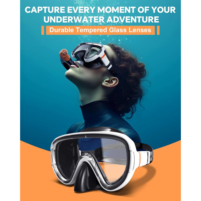 Набір для снорклінгу G2RISE для дорослих: маска та трубка для плавання, дайвінгу та снорклінгу. Зручна маска з загартованими лінзами та регульованою застібкою. Біло-помаранчевий колір.