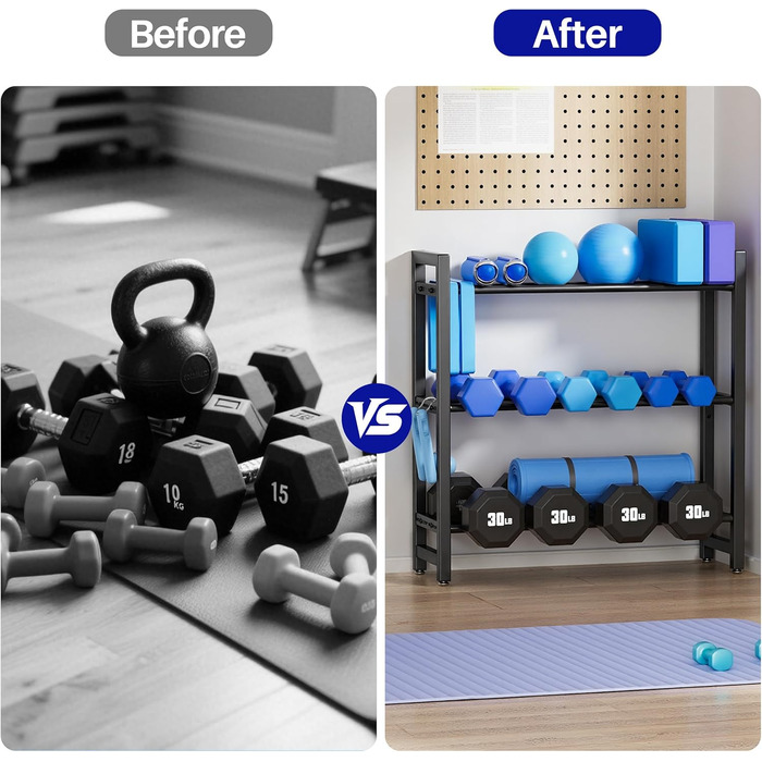 Стойка для гантелей 3-ярусна регульована - міцна підставка для ваги до 204 кг для гантелей, медичних м'ячів - компактний органайзер для домашнього спортзалу (лише стійка)