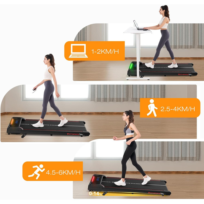 Біговий килимок CITYSPORTS під стіл з LED-дисплеєм, 6 км/год, Bluetooth, пульт ДУ. Міні-бігова доріжка для дому.