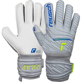 Воротарські рукавички Reusch Attrakt Finger Support для дорослих, з зовнішнім швом і захистом пальців, універсальні для всіх типів футбольних полів, сірі-блакитні-жовті, розмір 10