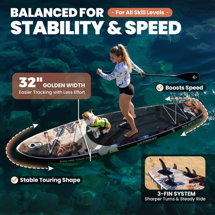 Надувний SUP Борд для дорослих з аксесуарами та кріпленням для камери, 320x81x15см, 10'6', вантажопідйомність 150кг, чорний