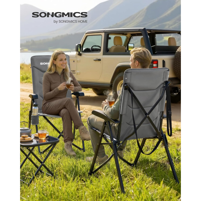 Складний туристичний стілець SONGMICS для дорослих, регульована спинка, обертається, з підстаканником, для відпочинку, кемпінгу, риболовлі, сірий