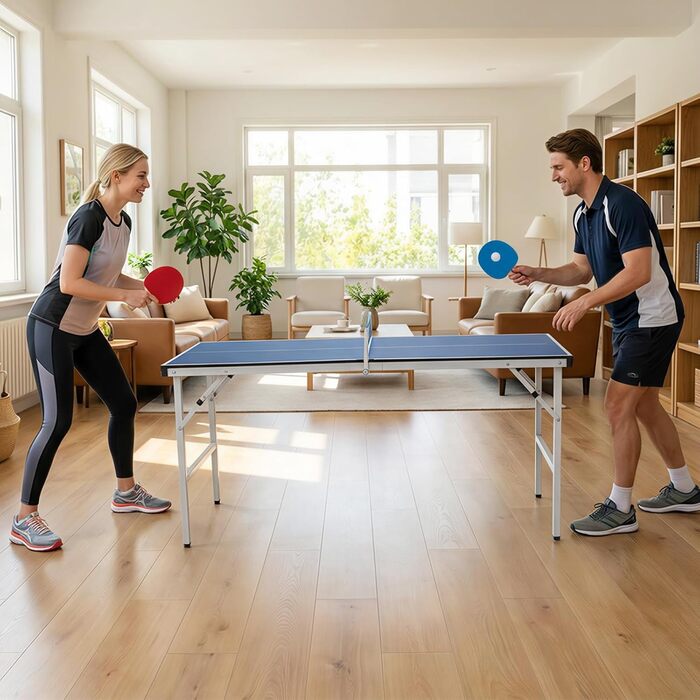 COSTWAY Міні стіл для пінг-понгу складний, стіл для тенісу вологостійкий, з сіткою, 2 ракетки та м'ячі, готовий до використання, для відпочинку в приміщенні та на вулиці, 152,5 x 76 x 71 см