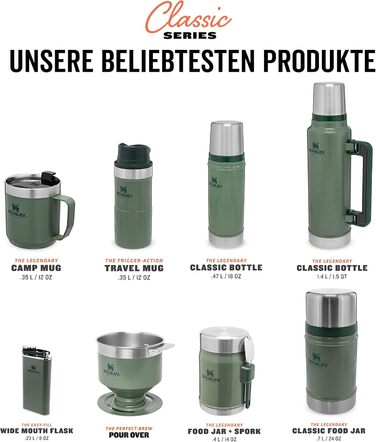 Термос Stanley Classic Legendary 1L Hammertone Green - Збереження тепла/холоду 24 години, з нержавіючої сталі, BPA Free, для подорожей