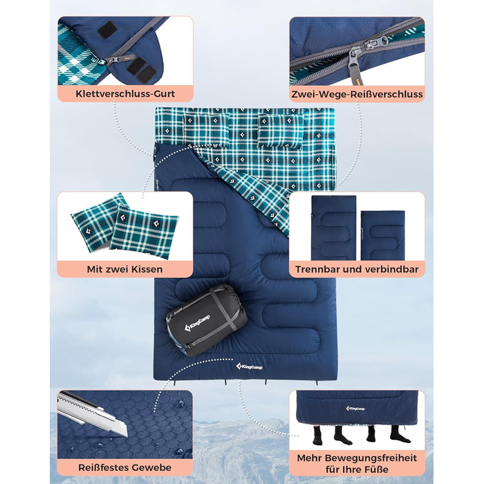 Спальний мішок KingCamp для 2 осіб з фланелі, зимовий, теплий, 3-4 сезони, з 2 подушками, для кемпінгу та відпочинку на природі, синій